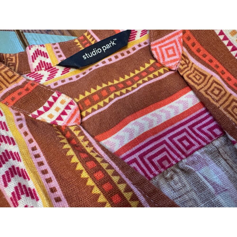 Studio Park Boho Printed Blouse Crochet Shoulder Detail Linen Blend Top - Picture 5 of 6